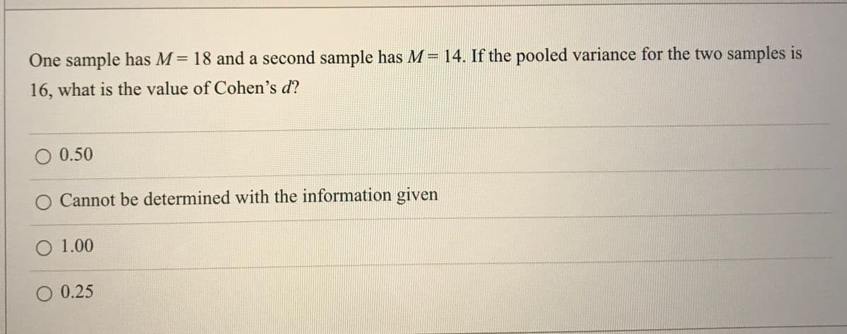 One sample has M= 18 and a second sample has M= 14. If the pooled variance for the two samples is
16, what is the value of Cohen's d?
O 0.50
O Cannot be determined with the information given
O 1.00
O 0.25
