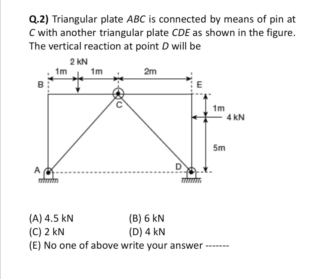 Q.2) Triangular plate ABC is connected by means of pin at
C with another triangular plate CDE as shown in the figure.
The vertical reaction at point D will be
2 kN
1m
1m
2m
B
E
1m
4 kN
5m
D
A
(A) 4.5 kN
(C) 2 kN
(B) 6 kN
(D) 4 kN
(E) No one of above write your answer
