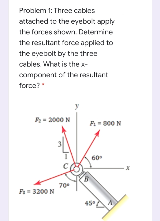 Problem 1: Three cables
attached to the eyebolt apply
the forces shown. Determine
the resultant force applied to
the eyebolt by the three
cables. What is the x-
component of the resultant
force? *
F2 = 2000 N
F1 = 800 N
3
60°
B
70°
F3 = 3200 N
45°AA
