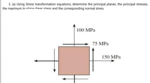 3. (a) Using Stress transformation equations, determine the principal planes, the principal stresses,
the maximum in-nlano chear ctress and the corresponding normal stress.
100 MPa
75 MPa
150 MPa

