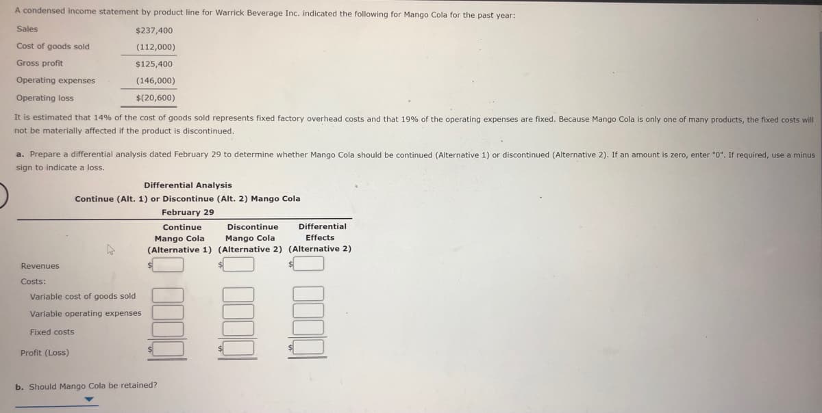 A condensed income statement by product line for Warrick Beverage Inc. indicated the following for Mango Cola for the past year:
Sales
$237,400
Cost of goods sold
(112,000)
Gross profit
$125,400
Operating expenses
(146,000)
Operating loss
$(20,600)
It is estimated that 14% of the cost of goods sold represents fixed factory overhead costs and that 19% of the operating expenses are fixed. Because Mango Cola is only one of many products, the fixed costs will
not be materially affected if the product is discontinued.
a. Prepare a differential analysis dated February 29 to determine whether Mango Cola should be continued (Alternative 1) or discontinued (Alternative 2). If an amount is zero, enter "0". If required, use a minus
sign to indicate a loss.
Differential Analysis
Continue (Alt. 1) or Discontinue (Alt. 2) Mango Cola
February 29
Continue
Discontinue
Differential
Effects
(Alternative 1) (Alternative 2) (Alternative 2)
Mango Cola
Mango Cola
Revenues
Costs:
Variable cost of goods sold
Variable operating expenses
Fixed costs
Profit (Loss)
b. Should Mango Cola be retained?
