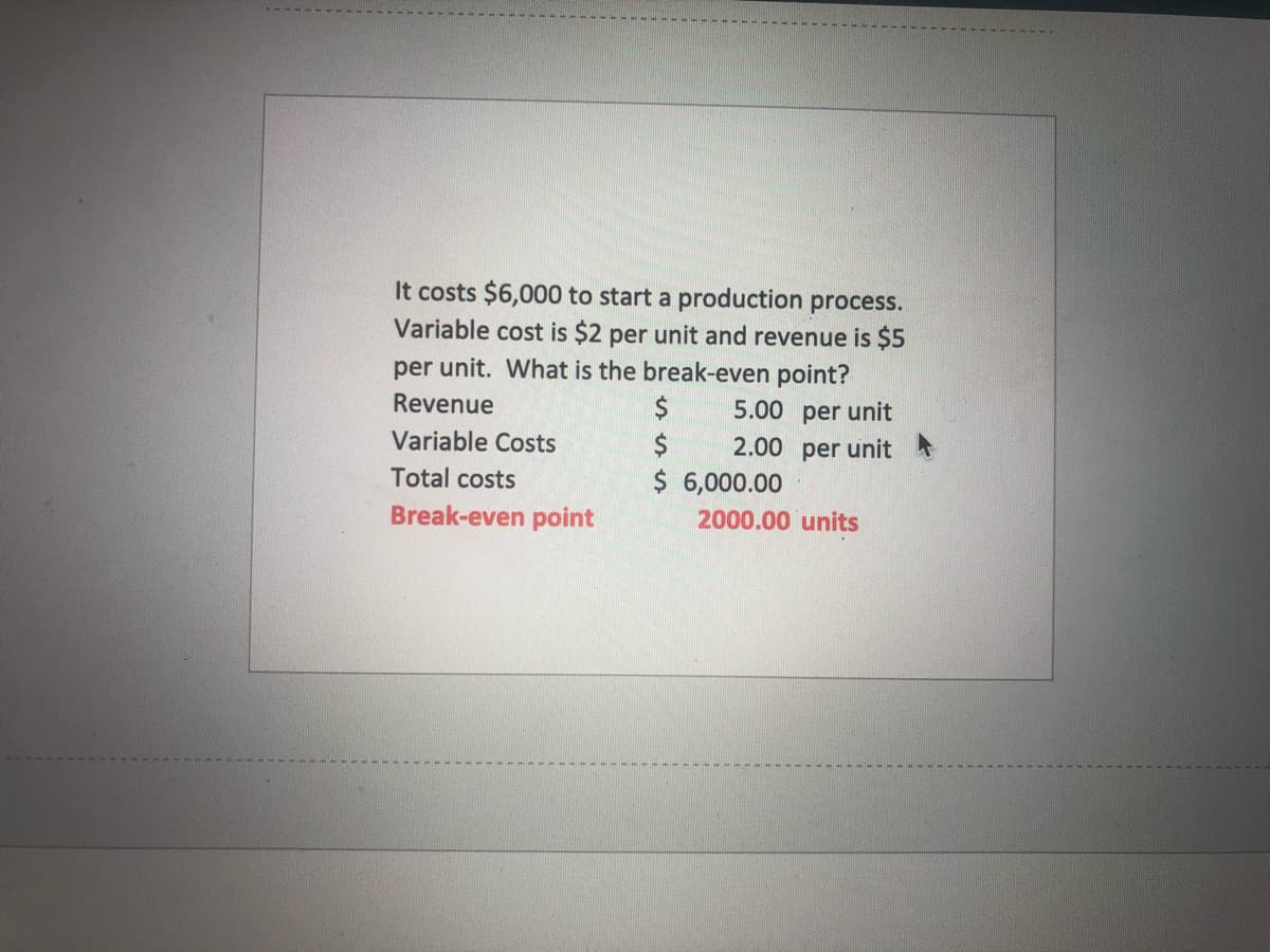It costs $6,000 to start a production process.
Variable cost is $2 per unit and revenue is $5
per unit. What is the break-even point?
$
Revenue
5.00 per unit
Variable Costs
2.00 per unit
$ 6,000.00
Total costs
Break-even point
2000.00 units
