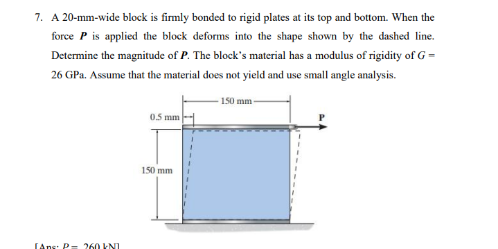 7. A 20-mm-wide block is firmly bonded to rigid plates at its top and bottom. When the
force P is applied the block deforms into the shape shown by the dashed line.
Determine the magnitude of P. The block's material has a modulus of rigidity of G =
26 GPa. Assume that the material does not yield and use small angle analysis.
150 mm -
0.5 mm
150 mm
[Ans: P= 260 kN

