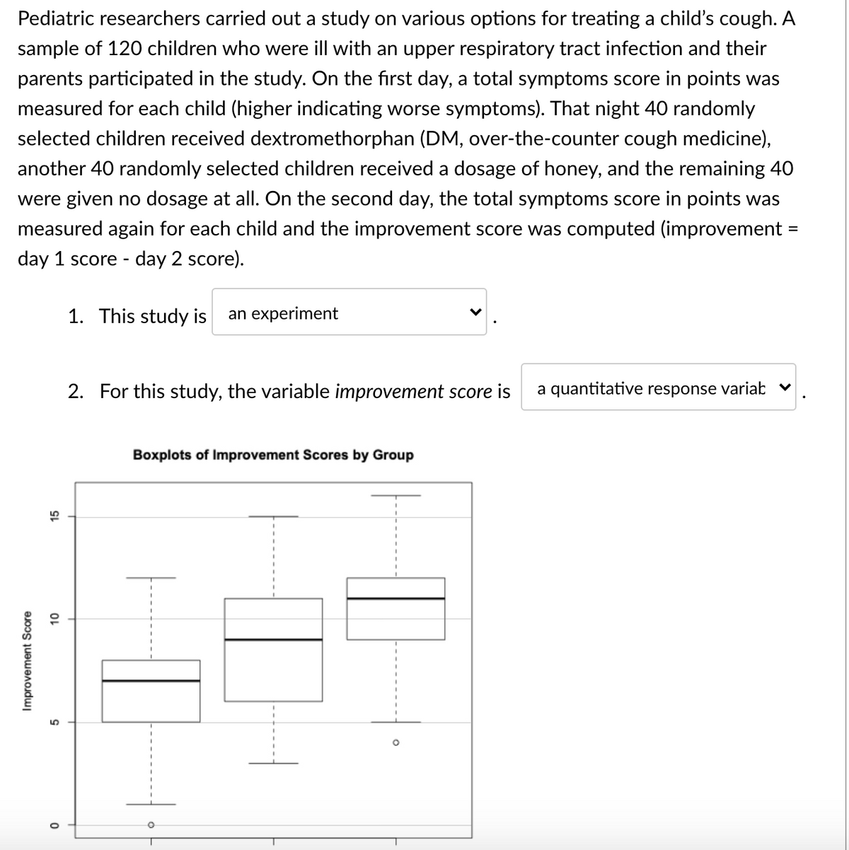 Pediatric researchers carried out a study on various options for treating a child's cough. A
sample of 120 children who were ill with an upper respiratory tract infection and their
parents participated in the study. On the first day, a total symptoms score in points was
measured for each child (higher indicating worse symptoms). That night 40 randomly
selected children received dextromethorphan (DM, over-the-counter cough medicine),
another 40 randomly selected children received a dosage of honey, and the remaining 40
were given no dosage at all. On the second day, the total symptoms score in points was
measured again for each child and the improvement score was computed (improvement
%3D
day 1 score - day 2 score).
1. This study is
an experiment
2. For this study, the variable improvement score is
a quantitative response variab v
Boxplots of Improvement Scores by Group
Improvement Score
15
