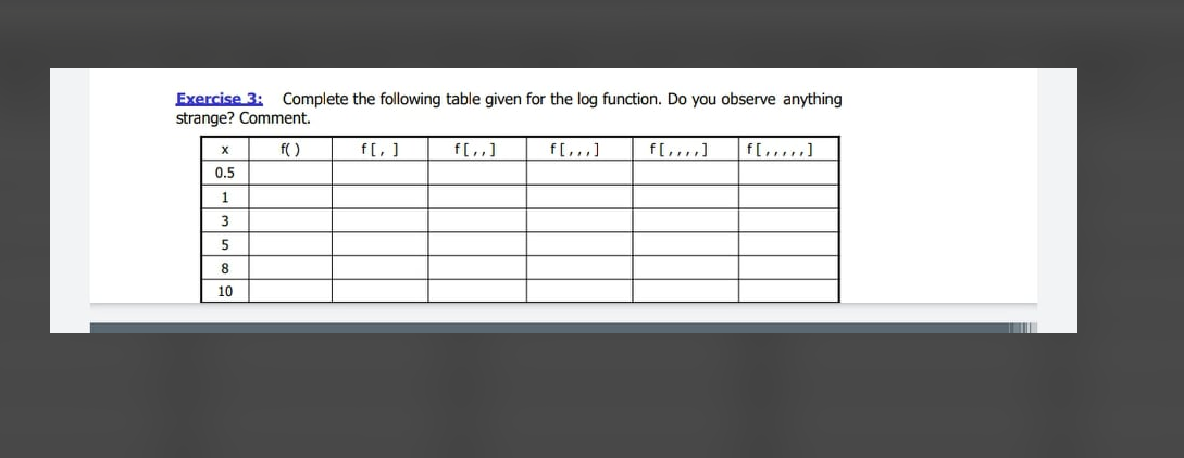 Exercise 3: Complete the following table given for the log function. Do you observe anything
strange? Comment.
f()
f[, ]
f[,]
f[,..]
f[,,.,]
f[.....]
X
0.5
1
3
5
8
10
