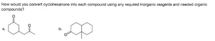 How would you convert cyclohexanone into each compound using any required inorganic reagents and needed organic
compounds?
a.
b.
