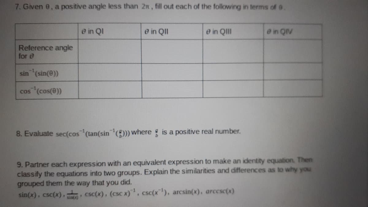 7. Given 0, a positive angle less than 2n, fill out each of the following in terms of 9.
e in QI
e in QII
e in QII
e in QIV
Reference angle
for e
sin (sin(e))
cos (cos(e))
8. Evaluate sec(cos (tan(sin ()) where is a positive real number.
9. Partner each expression with an equivalent expression to make an identity equation. Then
classify the equations into two groups. Explain the similarities and differences as to why you
grouped them the way that you did.
sin(x), csc(x), , csc(x), (csc x), csc(x), arcsin(x), arccsc(x)
