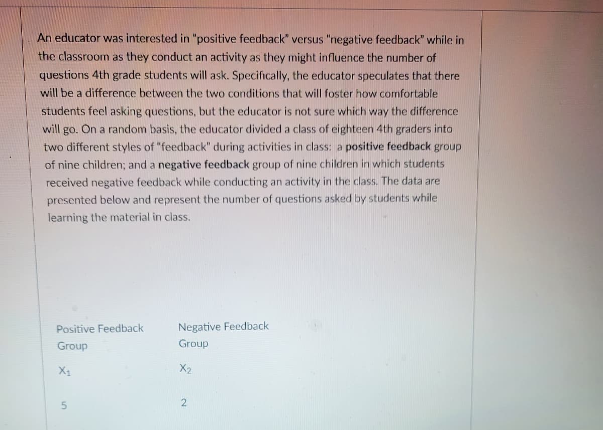 An educator was interested in "positive feedback" versus "negative feedback" while in
the classroom as they conduct an activity as they might influence the number of
questions 4th grade students will ask. Specifically, the educator speculates that there
will be a difference between the two conditions that will foster how comfortable
students feel asking questions, but the educator is not sure which way the difference
will go. On a random basis, the educator divided a class of eighteen 4th graders into
two different styles of "feedback" during activities in class: a positive feedback group
of nine children; and a negative feedback group of nine children in which students
received negative feedback while conducting an activity in the class. The data are
presented below and represent the number of questions asked by students while
learning the material in class.
Positive Feedback
Group
X1
5
Negative Feedback
Group
X₂
2