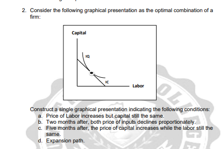 2. Consider the following graphical presentation as the optimal combination of a
firm:
Capital
OLE
IC
Labor
Construct a single graphical presentation indicating the following conditions:
a. Price of Labor increases but capital still the same.
b. Two months after, both price of inputs declines proportionately.
c. Five months after, the price of capital increases while the labor still the
same.
d. Expansion path.
GE
