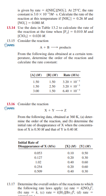 is given by rate = k[NH ][NO;]. At 25°C, the rate
constant is 3.0 x 10IM - s. Calculate the rate of the
reaction at this temperature if [NH ] = 0.26 M and
[NO] = 0.080 M.
13.14 Use the data in Table 13.2 to calculate the rate of
the reaction at the time when [F,] = 0.010 M and
[CIO:] = 0.020 M.
13.15 Consider the reaction
CARIS
A +B → products
From the following data obtained at a certain tem-
perature, determine the order of the reaction and
calculate the rate constant:
[A] (M) [B] (M)
Rate (M/s)
3.20 x 10"
3.20 x 10-
6.40 x 10"
1.50
1.50
1.50
2.50
3.00
1.50
13.16 Consider the reaction
ARIS
x + Y Z
From the following data, obtained at 360 K, (a) deter-
mine the order of the reaction, and (b) determine the
initial rate of disappearance of X when the concentra-
tion of X is 0.30 M and that of Y is 0.40 M.
Initial Rate of
Disappearance of X (M/s)
[X] (M) [Y] (M)
0.053
0.10
0.50
0.127
0.20
0.30
1.02
0.40
0.60
0.254
0.20
0.60
0.509
0.40
0.30
13.17 Determine the overall orders of the reactions to which
the following rate laws apply: (a) rate = k[NO,J°,
(b) rate = k, (c) rate = k[H2][Br2l, (d) rate =
