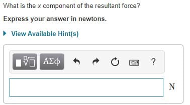 What is the x component of the resultant force?
Express your answer in newtons.
• View Available Hint(s)
