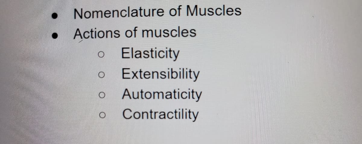 Nomenclature of Muscles
Actions of muscles
Elasticity
Extensibility
Automaticity
Contractility
