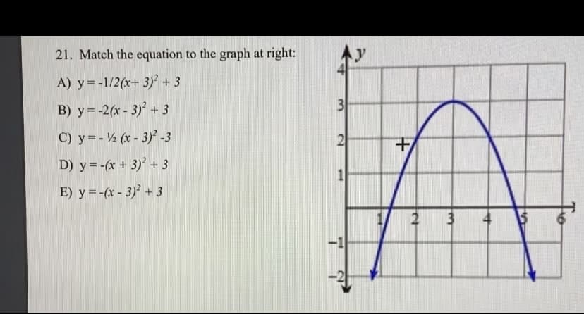 21. Match the equation to the graph at right:
A) y = -1/2(x+ 3)² + 3
B) y=-2(x - 3) + 3
3
C) y = - ½ (x - 3)° -3
D) y = -(x + 3)² + 3
E) y = -(x - 3) + 3
21
%24
2.
1.
