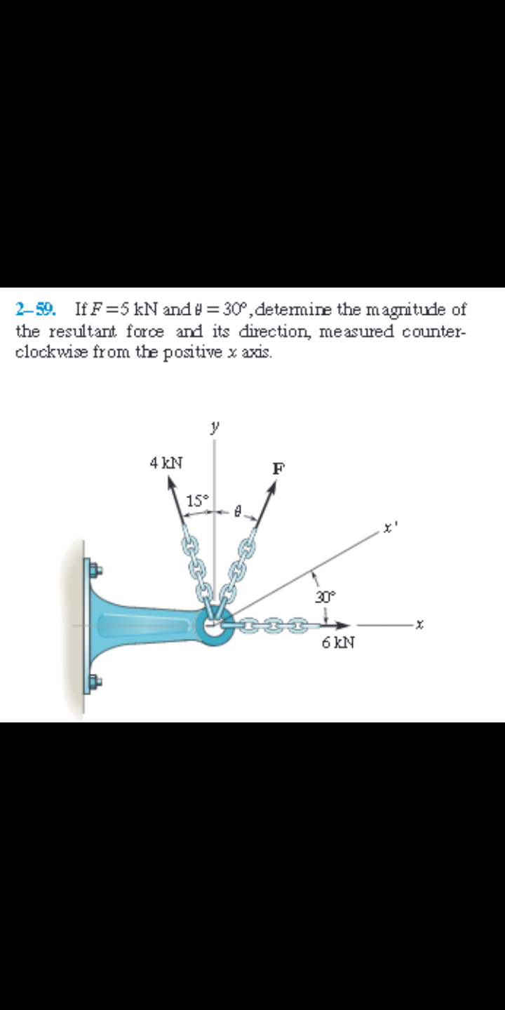 2-59.
If F =5 kN and e = 30°, detemine the magnitude of
the resultant force and its direction, measured counter-
clockwise from the positive x axis.
4 kN
F
15°
30°
6 KN
