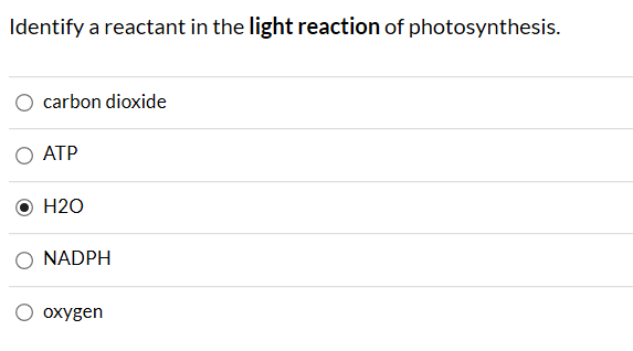 Identify a reactant in the light reaction of photosynthesis.
carbon dioxide
ATP
H2O
O NADPH
oxygen
