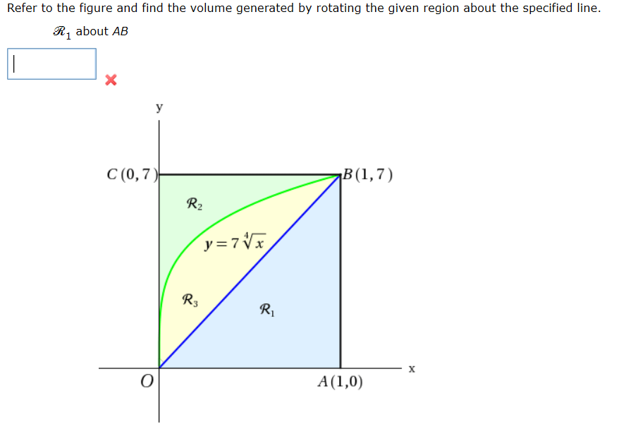 Refer to the figure and find the volume generated by rotating the given region about the specified line.
R, about AB
y
B(1,7)
C (0,7)
R2
y=7 Vx
R3
R1
х
A (1,0)
