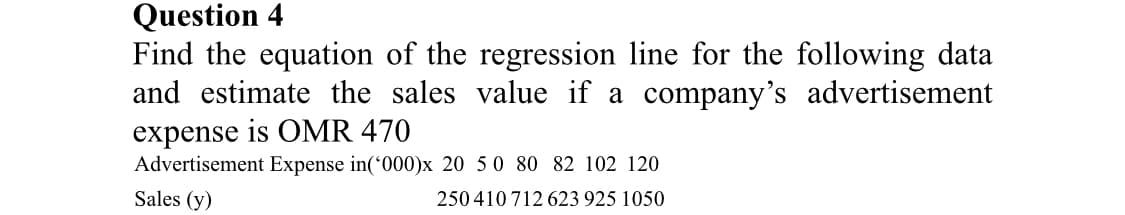 Question 4
Find the equation of the regression line for the following data
and estimate the sales value if a company's advertisement
expense is OMR 470
Advertisement Expense in(*000)x 20 5 0 80 82 102 120
Sales (y)
250 410 712 623 925 1050
