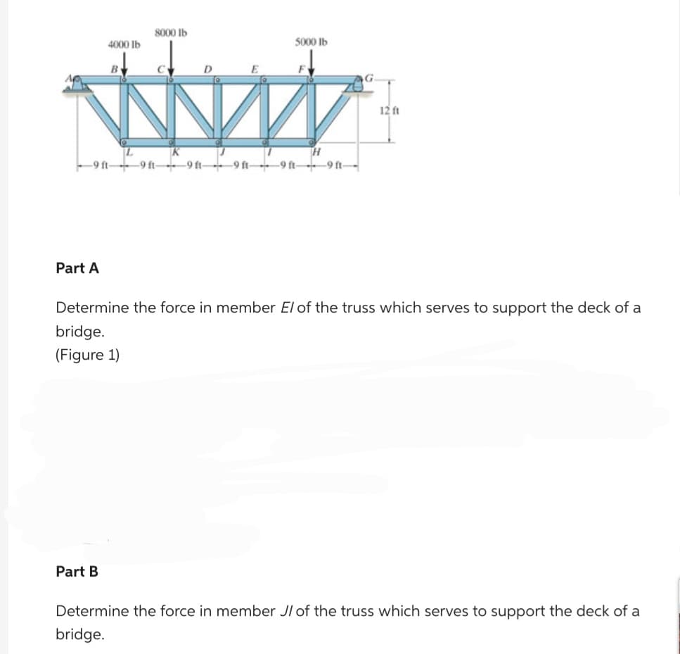 4000 lb
Part A
D
E
Nur
8000 lb
B
Part B
5000 lb
C
-9 ft-9 ft-9 ft 9 ft9 ft 9 ft-
F
12 ft
Determine the force in member El of the truss which serves to support the deck of a
bridge.
(Figure 1)
Determine the force in member JI of the truss which serves to support the deck of a
bridge.
