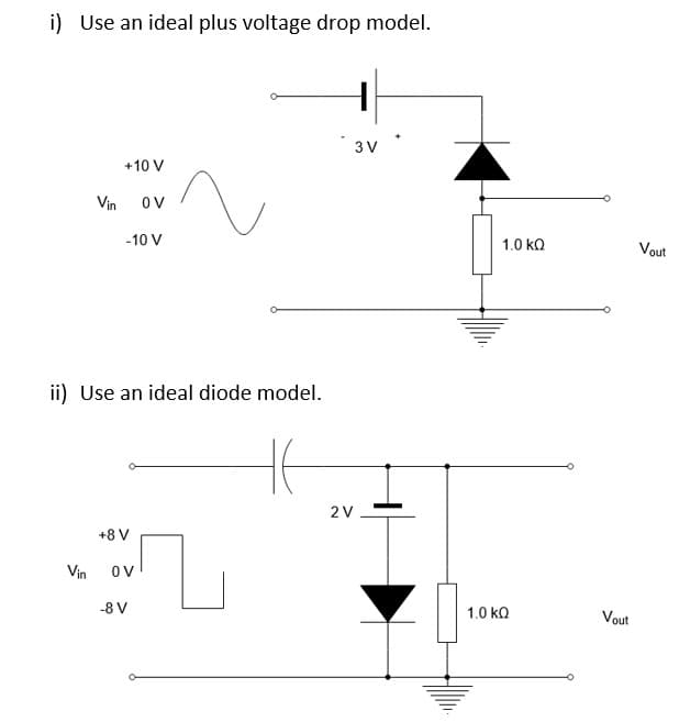 i) Use an ideal plus voltage drop model.
+10 V
Vin OV
-10 V
ii) Use an ideal diode model.
Vin
+8 V
OV
-8 V
3V
2 V
1.0 ΚΩ
1.0 ΚΩ
Vout
Vout
