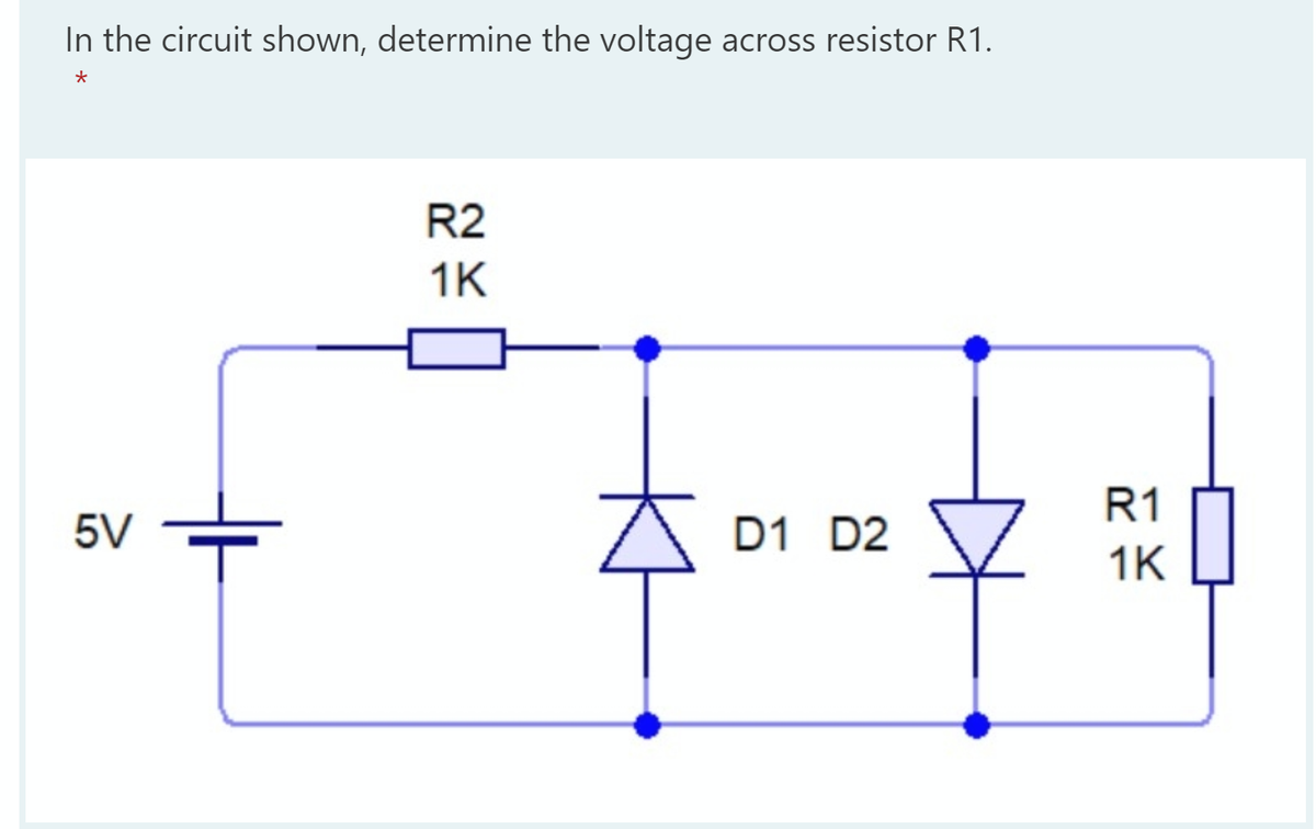 In the circuit shown, determine the voltage across resistor R1.
R2
1K
R1
5V
D1 D2
1K
