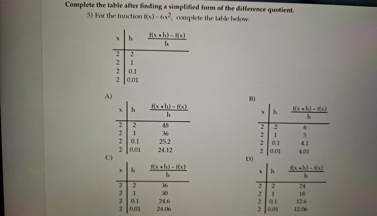 Complete the table after finding a simplified form of the difference quotient.
5) For the function f(x)=6x2, complete the table below:
X
h
f(x+h)-f(x)
h
B)
f(x +h)-f(x)
h
A)
C)
222 2
X
2
2
2
2
X
2222
2
1
0.1
0.01
h
2
1
0.1
0.01
h
2
1
0.1
2 0.01
48
36
25.2
24.12
f(x+h)-f(x)
h
36
30
24.6
24.06
D)
h
2
1
0.1
2 0.01
X
h
2
1
0.1
0.01
X
2222
2
2
2
2
f(x+h)-f(x)
h
6
5
4.1
4.01
f(x+h)-f(x)
h
24
18
12.6
12.06