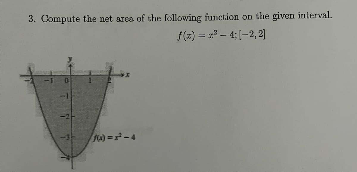 3. Compute the net area of the following function on the given interval.
f(x)=x²-4; [-2,2]
-1H
-2-
f(x)=x²-4