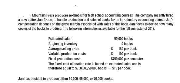 Mountain Press proauces textbooks for high school accounting courses. The company recently hired
a new editor, Jan Green, to handle production and sales of books for an introductory accounting course. Jan's
compensation depends on the gross margin associated with sales of this book. Jan needs to decide how many
copies of the books to produce. The following information is available for the fall semester of 2017:
Estimated sales
50,000 books
O books
$ 160 per book
$ 100 per book
$750,000 per semester
The fixed-cost allocation rate is based on expected sales and is
therefore equal to $750,000/50,000 books = $15 per book.
Beginning inventory
Average selling price
Variable production costs
Fixed production costs
Jan has decided to produce either 50,000, 65,000, or 70,000 books.
