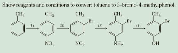 Show reagents and conditions to convert toluene to 3-bromo-4-methylphenol.
CH4
CH,
CH3
CH
CH,
Br
Br
Br
(4)
NO,
NO,
NH,
OH
