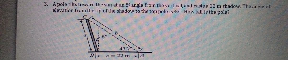 3. Apole tilts toward the sun at an 80 angle from the vertical, and casts a 22 m shadow. The angle of
elevation from the tip of the shadow to the top pole is 430. How tall is the pole?
43°
-c= 22 m A
