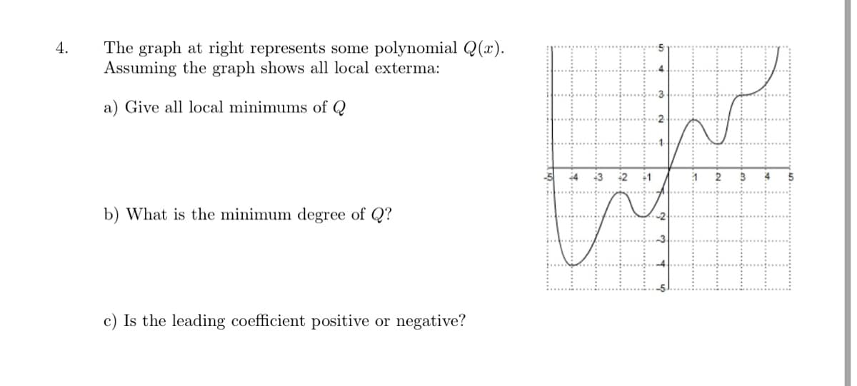 The graph at right represents some polynomial Q(x).
Assuming the graph shows all local exterma:
4.
a) Give all local minimums of Q
13
÷1
1
2
b) What is the minimum degree of Q?
c) Is the leading coefficient positive or negative?
