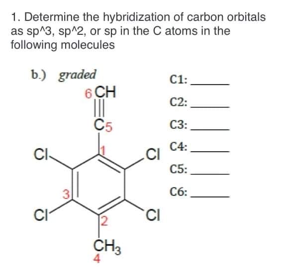 1. Determine the hybridization of carbon orbitals
as sp^3, sp^2, or sp in the C atoms in the
following molecules
b.) graded
SCH
C1:
С2:
C5
C3:
CI
С4:
.CI
С5:
3
C6:
CI
12
ČH3
4
