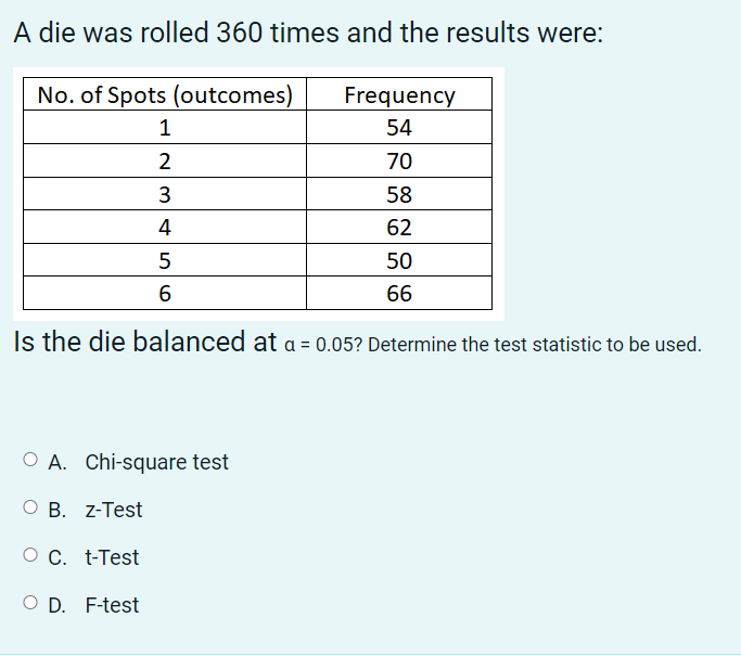 A die was rolled 360 times and the results were:
No. of Spots (outcomes)
Frequency
1
54
2
70
3
58
4
62
5
50
6
66
Is the die balanced at a = 0.05? Determine the test statistic to be used.
O A. Chi-square test
B. z-Test
O C. t-Test
O D. F-test