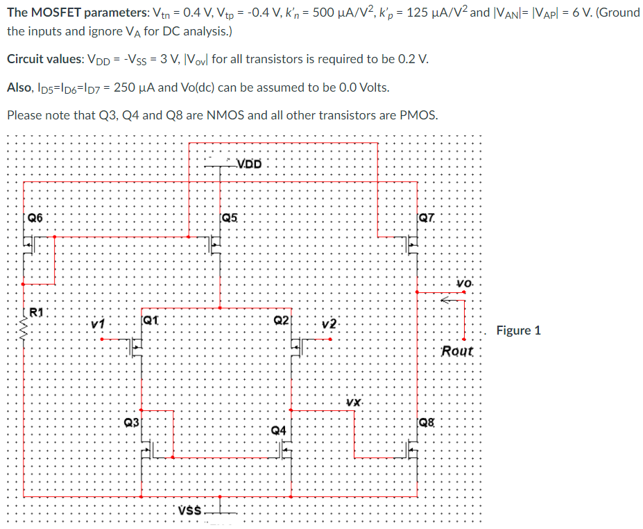 The MOSFET parameters: Vtn = 0.4 V, Vtp = -0.4 V, k'n = 500 µA/N², k'p = 125 µA/V² and |VANI= |VApl = 6 V. (Ground
the inputs and ignore VA for DC analysis.)
Circuit values: VpD = -Vss = 3 V, |Vov for all transistors is required to be 0.2 V.
Also, ID5=ID6=ID7 = 250 µA and Vo(dc) can be assumed to be 0.0 Volts.
Please note that Q3, Q4 and Q8 are NMOS and all other transistors are PMOS.
VDD
Q6
Q7.
vo.
R1
v1
Q1 :
Q2
v2: :
Figure 1
Rout
Vx.
Q3
Q8
:Q4
