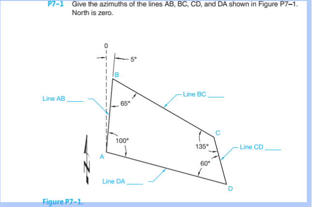 P7-1 Give the azimuths of the lines AB, BC, CD, and DA shown in Figure P7-1.
North is zero.
Line AB
Figure P7-1.
B
65°
100⁰
Line DA
in
Line BC
135°
60°
O
-Line CD