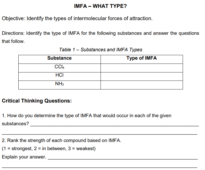 IMFA- WHAT TҮРE?
Objective: Identify the types of intermolecular forces of attraction.
Directions: Identify the type of IMFA for the following substances and answer the questions
that follow.
Table 1- Substances and IMFA Types
Substance
Type of IMFA
CCI4
HCI
NH3
Critical Thinking Questions:
1. How do you determine the type of IMFA that would occur in each of the given
substances?
2. Rank the strength of each compound based on IMFA.
(1 = strongest, 2 = in between, 3 = weakest)
Explain your answer.
