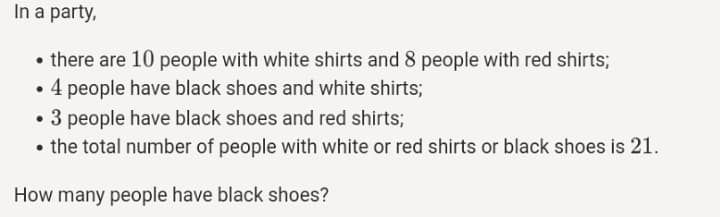 In a party,
there are 10 people with white shirts and 8 people with red shirts;
4 people have black shoes and white shirts;
• 3 people have black shoes and red shirts;
the total number of people with white or red shirts or black shoes is 21.
How many people have black shoes?
