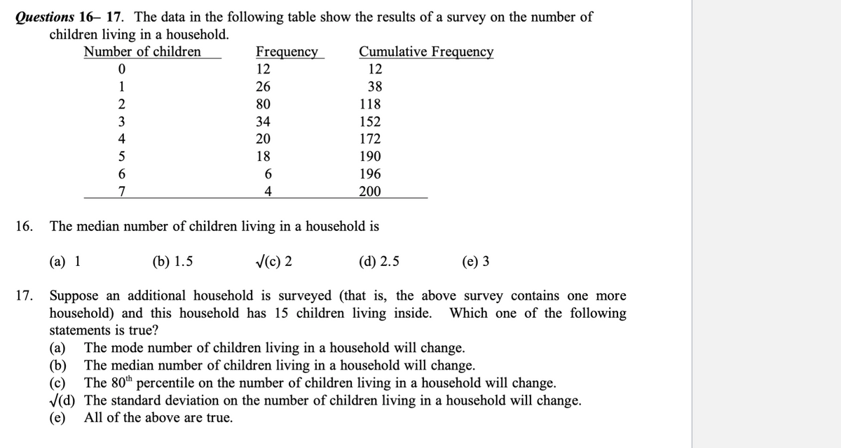 Questions 16– 17. The data in the following table show the results of a survey on the number of
children living in a household.
Number of children
Frequency
Cumulative Frequency
12
12
1
26
38
2
80
118
3
34
152
4
20
172
5
18
190
6
196
200
16.
The median number of children living in a household is
(a) 1
(b) 1.5
V(c) 2
(d) 2.5
(е) 3
Suppose an additional household is surveyed (that is, the above survey contains one more
household) and this household has 15 children living inside.
17.
Which one of the following
statements is true?
The mode number of children living in a household will change.
(b) The median number of children living in a household will change.
The 80h percentile on the number of children living in a household will change.
(a)
(c)
V(d) The standard deviation on the number of children living in a household will change.
All of the above are true.
(e)
