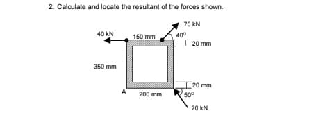 2. Calculate and locate the resultant of the forces shown.
70 kN
40°
20 mm
40 kN
150 mm
350 mm
20 mm
50°
A
200 mm
20 kN
