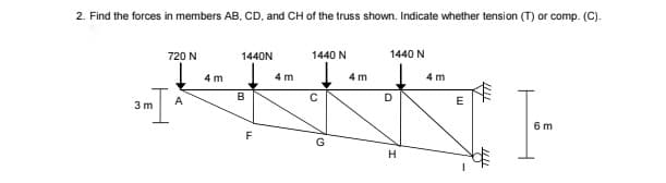 2. Find the forces in members AB, CD, and CH of the truss shown. Indicate whether tension (T) or comp. (C).
720 N
1440N
1440 N
1440 N
4 m
4 m
4 m
4 m
B
D
A
E
3 m
6m
F
G
