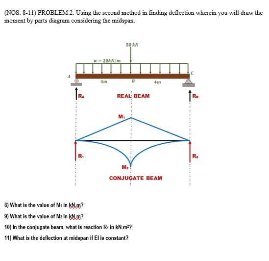 (NOS. 8-11) PROBLEM 2: Using the second method in finding deflection wherein you will draw the
moment by parts diagram considering the midspan.
50 kN
20KN/m
4m
B
4m
REAL BEAM
M.
R:
Ma
CONJUGATE BEAM
8) What is the value of Mi in kNm?
9) What is the value of M2 in kN.m?
10) In the conjugate beam, what is reaction Ri in kN.m??|
11) What is the deflection at midspan if El is constant?
