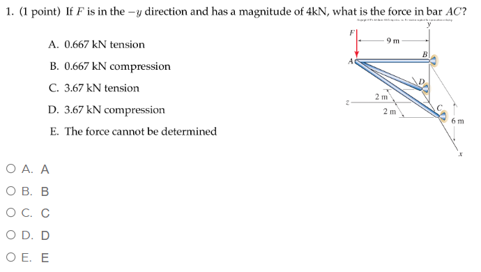 1. (1 point) If F is in the -y direction and has a magnitude of 4kN, what is the force in bar AC?
C
A. 0.667 KN tension
B. 0.667 KN compression
C. 3.67 kN tension
D. 3.67 kN compression
E. The force cannot be determined
Ο Α. Α
O B. B
O C. C
O D. D
OE. E
9m
2 m
2 m
B
6 m