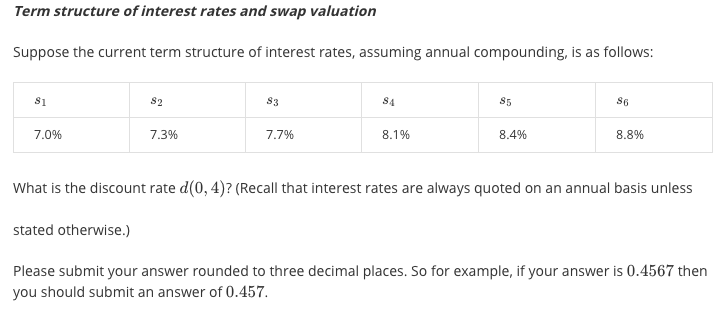S1
82
83
84
7.0%
7.3%
7.7%
8.1%
What is the discount rate d(0, 4)? (Recall that interest rates are always q
