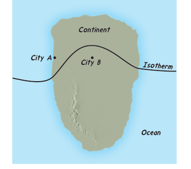 Continent
City A.
City B
Isotherm
Ocean
