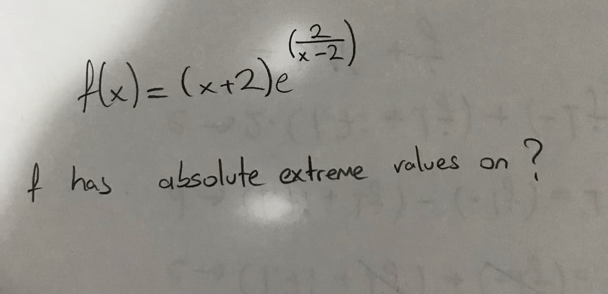 Hhe)=(x+2)e
f has absolute extreme values on ?
