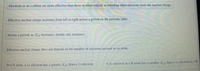 Electrons in an s orbital are more effective than those in other orbitals at shielding other electrons from the nuclear charge.
Effective nuclear charge increases from left to right across a period on the periodic table.
Across a period, as Zer increases, atomic size increases,
Effective nuclear charge does not depend on the number of electrons present in an atom.
In a N atom, a ls clectron has a greater Z than a 2s electron.
A ls electron in a B atom has a smaller Z than a Is electron in a B
