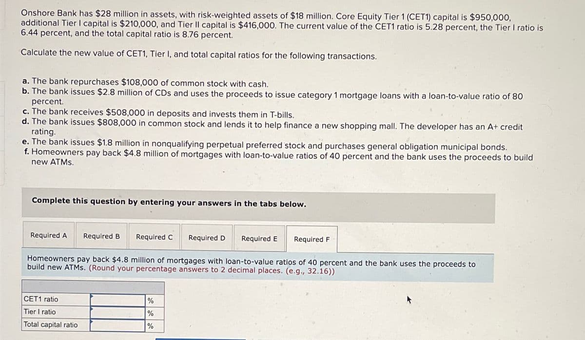 Onshore Bank has $28 million in assets, with risk-weighted assets of $18 million. Core Equity Tier 1 (CET1) capital is $950,000,
additional Tier I capital is $210,000, and Tier II capital is $416,000. The current value of the CET1 ratio is 5.28 percent, the Tier I ratio is
6.44 percent, and the total capital ratio is 8.76 percent.
Calculate the new value of CET1, Tier I, and total capital ratios for the following transactions.
a. The bank repurchases $108,000 of common stock with cash.
b. The bank issues $2.8 million of CDs and uses the proceeds to issue category 1 mortgage loans with a loan-to-value ratio of 80
percent.
c. The bank receives $508,000 in deposits and invests them in T-bills.
d. The bank issues $808,000 in common stock and lends it to help finance a new shopping mall. The developer has an A+ credit
rating.
e. The bank issues $1.8 million in nonqualifying perpetual preferred stock and purchases general obligation municipal bonds.
f. Homeowners pay back $4.8 million of mortgages with loan-to-value ratios of 40 percent and the bank uses the proceeds to build
new ATMs.
Complete this question by entering your answers in the tabs below.
Required A
Required B
Required C Required D Required E
Required F
Homeowners pay back $4.8 million of mortgages with loan-to-value ratios of 40 percent and the bank uses the proceeds to
build new ATMs. (Round your percentage answers to 2 decimal places. (e.g., 32.16))
CET1 ratio
Tier I ratio
%
%
Total capital ratio
%