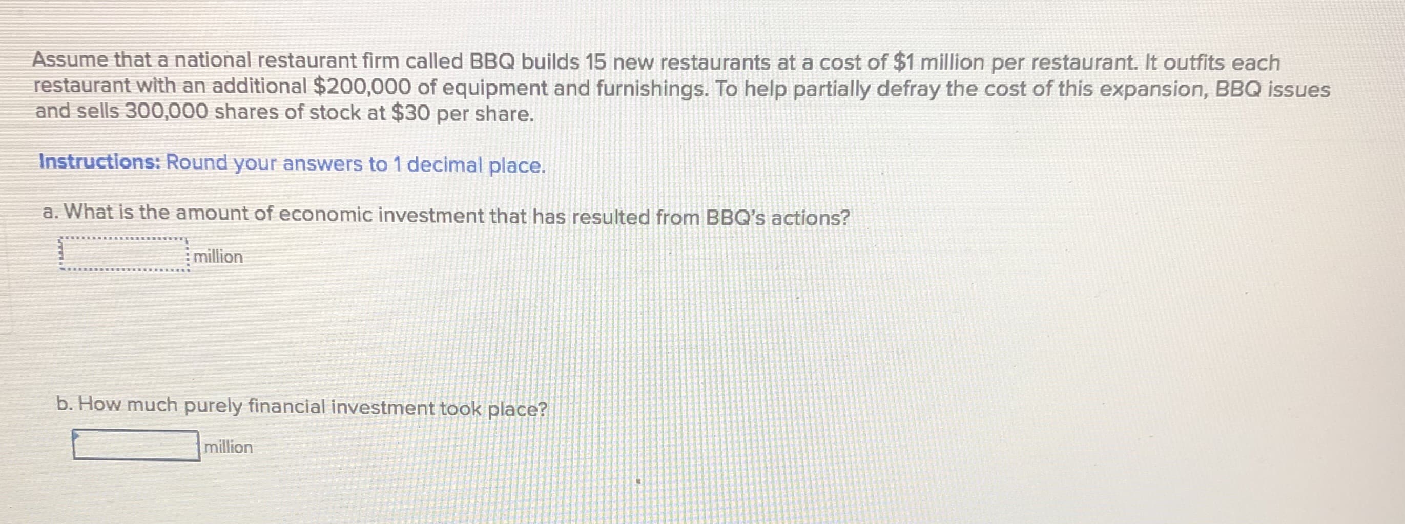 Assume that a national restaurant firm called BBQ builds 15 new restaurants at a cost of $1 million per restaurant. It outfits each
restaurant with an additional $200,000 of equipment and furnishings. To help partially defray the cost of this expansion, BBQ issues
and sells 300,000 shares of stock at $30 per share.
Instructions: Round your answers to 1 decimal place.
a. What is the amount of economic investment that has resulted from BBQ's actions?
million
b. How much purely financial investment took place?
million
