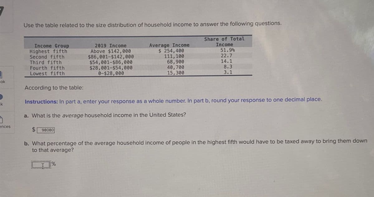 Use the table related to the size distribution of household income to answer the following questions.
Share of Total
Income
Income Group
Highest fifth
Second fifth
Third fifth
2019 Income
Above $142,000
$86,001-$142,000
$54,001-$86,000
Average Income
$ 254,400
51.9%
111,100
22.7
68,900
14.1
Fourth fifth
Lowest fifth
$28,001-$54,000
0-$28,000
40,700
8.3
15,300
3.1
ok
According to the table:
ences
Instructions: In part a, enter your response as a whole number. In part b, round your response to one decimal place.
a. What is the average household income in the United States?
98080
b. What percentage of the average household income of people in the highest fifth would have to be taxed away to bring them down
to that average?
%