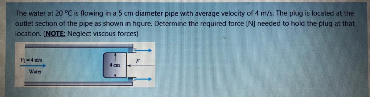 The water at 20 °C is flowing in a 5 cm diameter pipe with average velocity of 4 m/s. The plug is located at the
outlet section of the pipe as shown in figure. Determine the required force [N] needed to hold the plug at that
location. (NOTE: Neglect viscous forces)
V = 4 m/s
F
4 cm
Water
