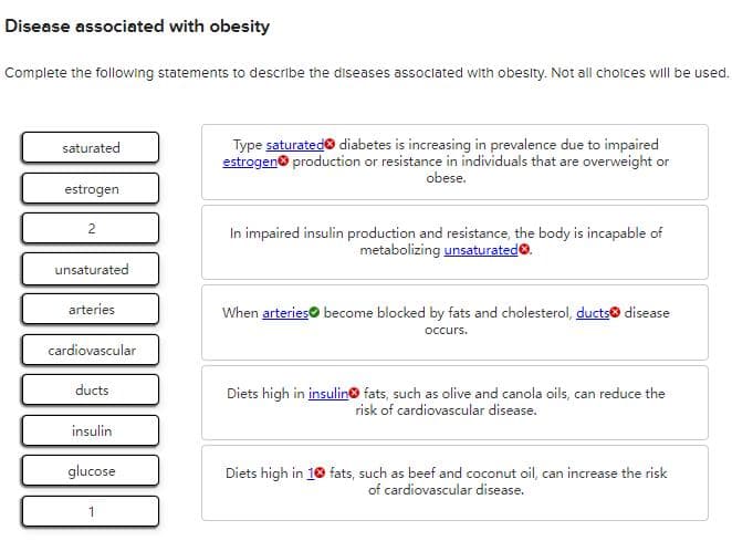 Disease associated with obesity
Complete the following statements to describe the diseases associated with obesity. Not all choices will be used.
saturated
Type saturated diabetes is increasing in prevalence due to impaired
estrogen production or resistance in individuals that are overweight or
obese.
estrogen
2
In impaired insulin production and resistance, the body is incapable of
metabolizing unsaturated.
unsaturated
arteries
When arteries become blocked by fats and cholesterol, ducts disease
occurs.
cardiovascular
ducts
Diets high in insulin fats, such as olive and canola oils, can reduce the
risk of cardiovascular disease.
insulin
glucose
Diets high in 10 fats, such as beef and coconut oil, can increase the risk
of cardiovascular disease.
1